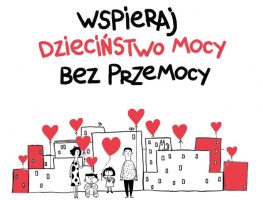 dzieciństwo bez przemocy - ilustracja przedstawiająca rodziców z dziećmi trzymających się za ręce oraz z czerwonymi balonami w kształcie serca